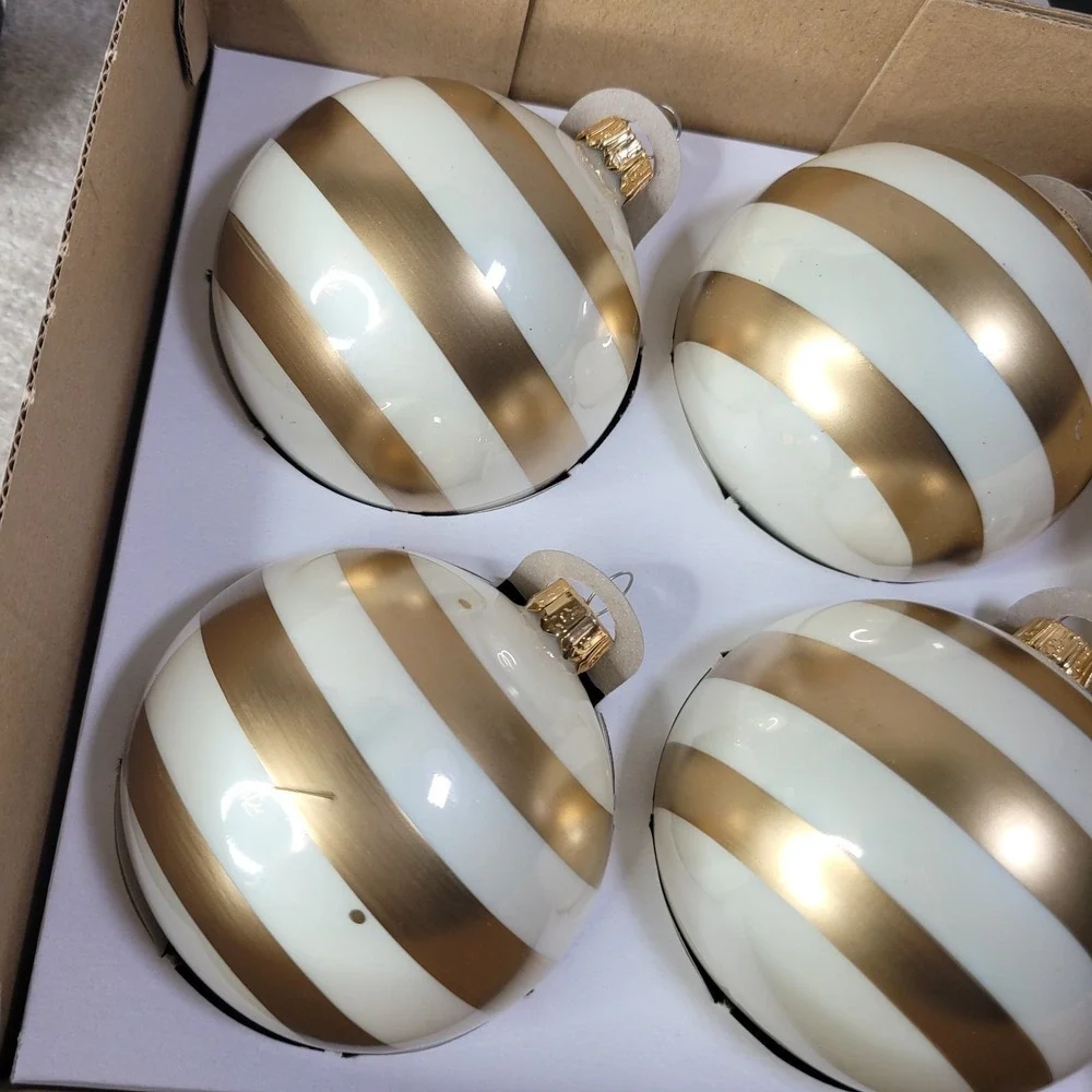 Vitbis‎ Set of 8 Christmas Ornaments White & Gold Stripes Handcrafted Poland